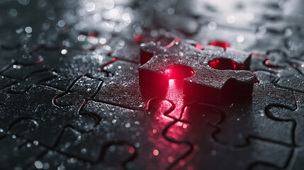 Poster - Close-up of a dark puzzle piece, illuminated from below, fitting into the larger puzzle, symbolizing solution, connection, and completion