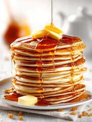 Poster - Delicious Stack of Pancakes Drizzled With Syrup and Topped With Butter on a Simple White Background