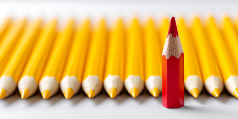 Poster - Single red pencil stands out among many yellow pencils, symbolizing individuality, uniqueness, and standing out from the crowd