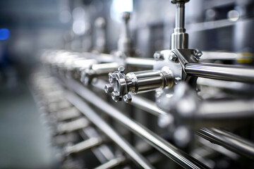 Poster - Close-up of polished steel pipes and fittings, showcasing industrial precision and intricate design, representing modern technology and manufacturing excellence
