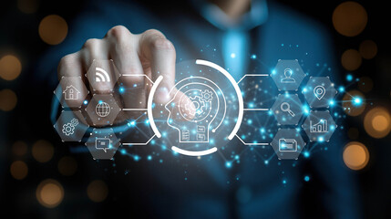 Aufkleber - Person interacting with digital interface, showcasing global logistics and technology concepts. image conveys innovation and connectivity in modern business environment