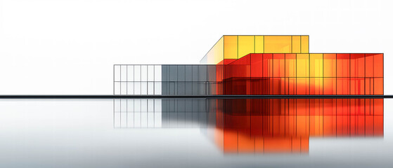 Aufkleber - Modern architectural design featuring minimalist structure with vibrant colors of red, orange, and yellow. building reflects beautifully on water surface, creating striking visual effect
