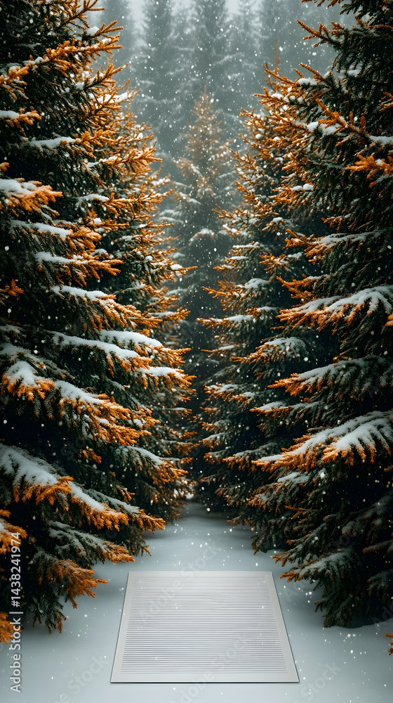 Snowy path through orange and green trees Ground covered with snow a ...