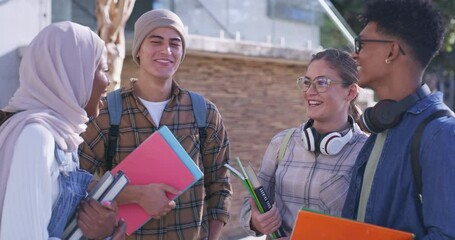 Aufkleber - Group, laughing and exam in college, education and friends with headphones, questions or practice in campus. Learning, people and studying for test, happy and knowledge for university students