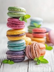 Aufkleber - Colorful Macarons Arranged Elegantly on a White Surface With Fresh Mint Leaves Adding a Touch of Freshness