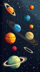 Wall Mural - The art shows planets with rings and other planets in the background of the sky filled with stars