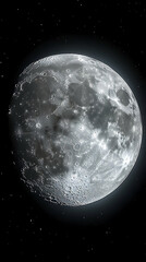 Wall Mural - High resolution close up view of the moon with craters set against a black background with scattered stars