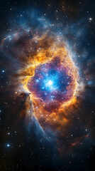 vivid space nebula with bright center core stars orange gas and blue gas surrounds in dark space