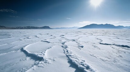 vast icy landscape under a bright sun in a clear blue sky.