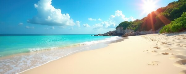 expansive sandy beach, clear water, bright sunlight, sea, day