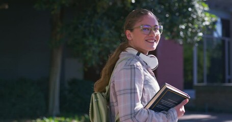 Poster - Face, books and happy woman walking at university campus outdoor for learning opportunity or education. Portrait, smile and student at college for school, knowledge and academic glasses in Canada