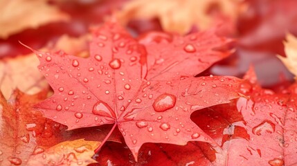 Wall Mural - Stunning macro shot of water droplets on a shiny red leaf with softly blurred background