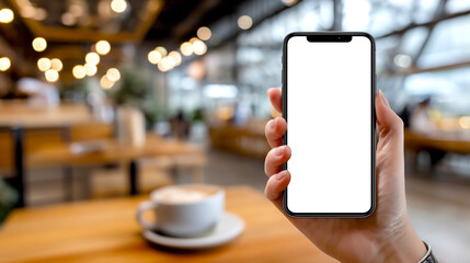 Poster - Modern smartphone in hand with blank screen in trendy cafe setting with warm lighting : Generative AI