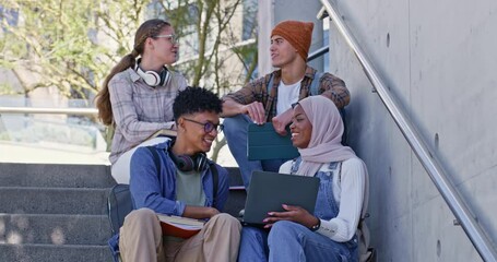 Poster - Group, steps and laptop for education, smile and friends with headphones, books and practice in campus. Outdoor, people and knowledge for test, reading and university students, studying and teamwork