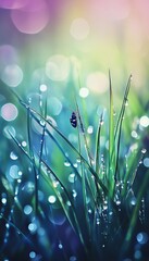 Wall Mural - Captivating macro photograph of a ladybug on dewy grass with a dreamy bokeh background effect