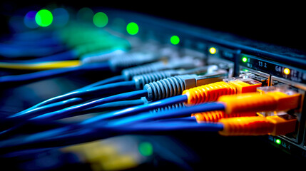 Leinwandbilder - Detailed Image of Network Cables Connected to Server Ports Showcasing Advanced Technology Setup : Generative AI