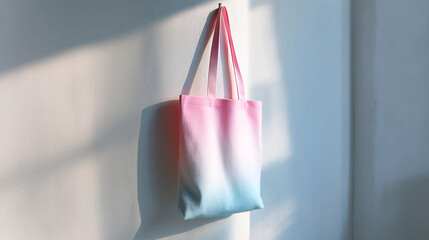 Poster - Ombre tote bag hanging on a white wall with sunlight casting shadows creating a soft aesthetic look
