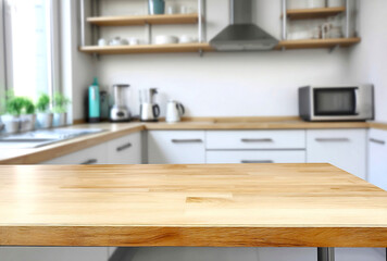 Poster - Bright and modern kitchen interior with wood countertop and organized shelves for home decor inspiration : Generative AI
