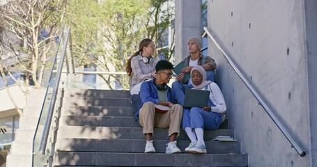 Aufkleber - Group, steps and laptop for education, exam and friends with headphones, books and practice in campus. Outdoor, people and knowledge for test, smile and university students, studying and teamwork