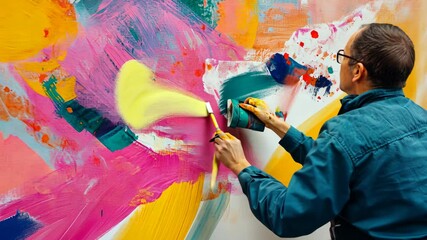 Poster - Vibrant abstract canvas painting by artist with dynamic brushstrokes and bold colors