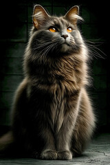 Poster - Majestic longhaired gray cat posing gracefully with an intense gaze and beautiful coat in moody lighting : Generative AI