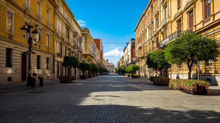 Aufkleber - Sunlit street lined with trees and flowers showcasing urban landscape tranquility and charm : Generative AI
