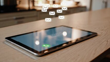 Poster - Numerous email icons cascade onto a tablet displaying a call screen on a kitchen counter, symbolizing the overwhelming influx of digital communication in modern life