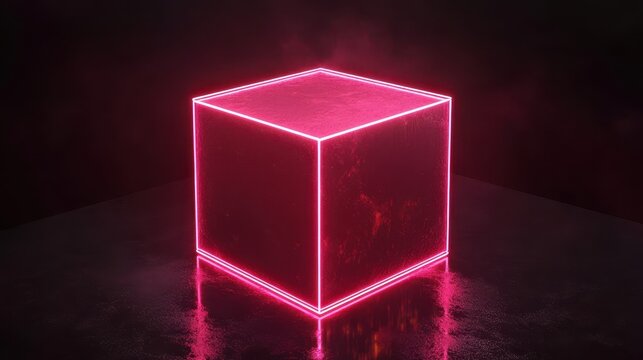 Illuminated pink cube on a dark surface.