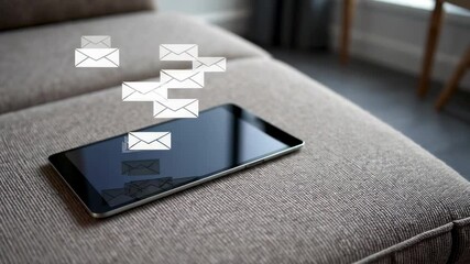 Poster - Email message icons accumulating above a tablet computer lying on a sofa, illustrating the concept of notification overload and constant connectivity in modern communication