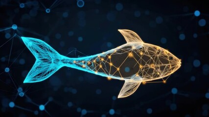 Fototapete - Digital Fish Illustration with Network Connections in Blue and Orange Colors on Abstract Background