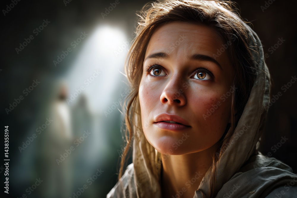 A hyperrealistic closeup portrait of Mary Magdalene at the moment
