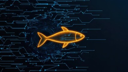 Poster - Digital Illustration of a Glowing Fish with a Futuristic Background Representing Technology and Nature Connection