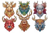 A set of autumn-themed animal portraits in stained glass style, isolated on a diffrent collers or white background, representing fall's beauty in art.