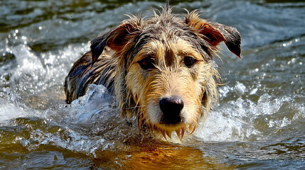 Poster - Playful Dog Splashes Happily in Water Creating Joyful Outdoor Scene : Generative AI