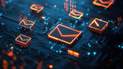 Fototapete - Futuristic Digital Communication Concept with Glowing Email Icons on Circuit Board Background