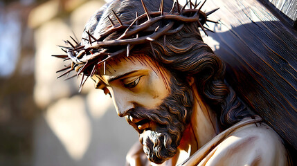 Aufkleber - Detailed closeup of a religious sculpture depicting Jesus with a crown of thorns showcasing deep emotion and craftsmanship : Generative AI