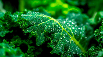 Poster - Close Up of Fresh Green Kale Leaf with Water Drops Showcasing Nature's Beauty and Healthy Living : Generative AI