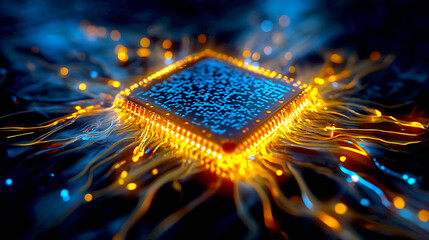 Aufkleber - Abstract digital technology image featuring a microchip surrounded by glowing circuitry and light trails : Generative AI