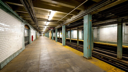 Fototapete - Empty subway platform in an urban area showcasing a vast and clean waiting area : Generative AI