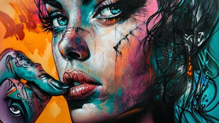 Poster - Dynamic urban art transition featuring vivid portrait mural with captivating details