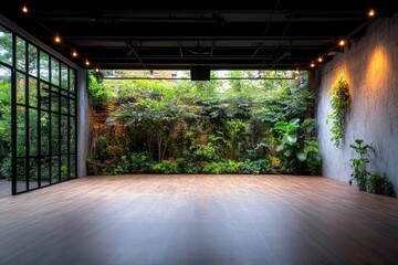 Wall Mural - Room has greenery wall, hardwood floors, and bright lighting in a natural setting