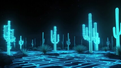 Poster - Futuristic Desert Landscape with Neon Cactus Illuminated at Night Under Starry Sky