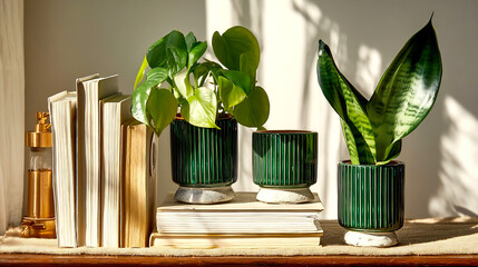 Aufkleber - Beautiful indoor plants in stylish green pots displayed on a wooden table with books and natural light : Generative AI