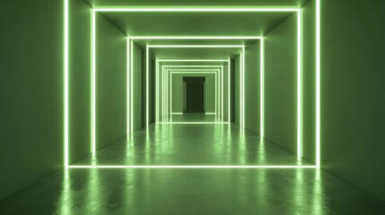 Poster - Futuristic Corridor with Neon Green Lights Creating an Illusion of Depth