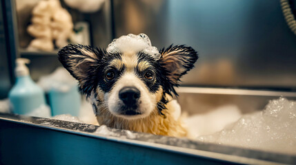 Poster - Cute Dog Enjoying a Soapy Bath in a Home Environment : Generative AI