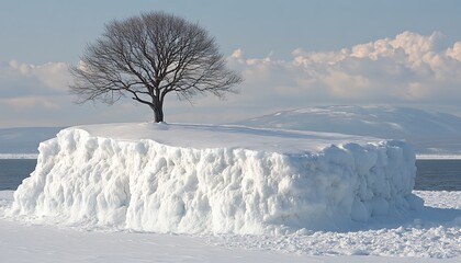 lone tree on snowy, icy island