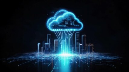 Poster - Futuristic Digital Cloud Interface Over Urban Skyline with Glowing Data Lines and Technology Concept