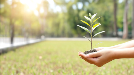 Aufkleber - Young plant growing in hands symbolizes hope and environmental conservation with sunlight in the background : Generative AI