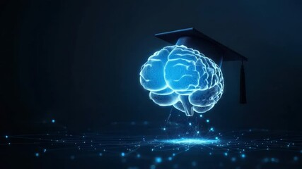 Poster - Blue Digital Brain with Graduation Cap Representing Knowledge and Learning in a Futuristic Environment
