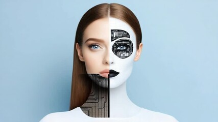 Poster - Half Human Half Robot Portrait Representing Future of Artificial Intelligence and Technology Integration in Modern Society